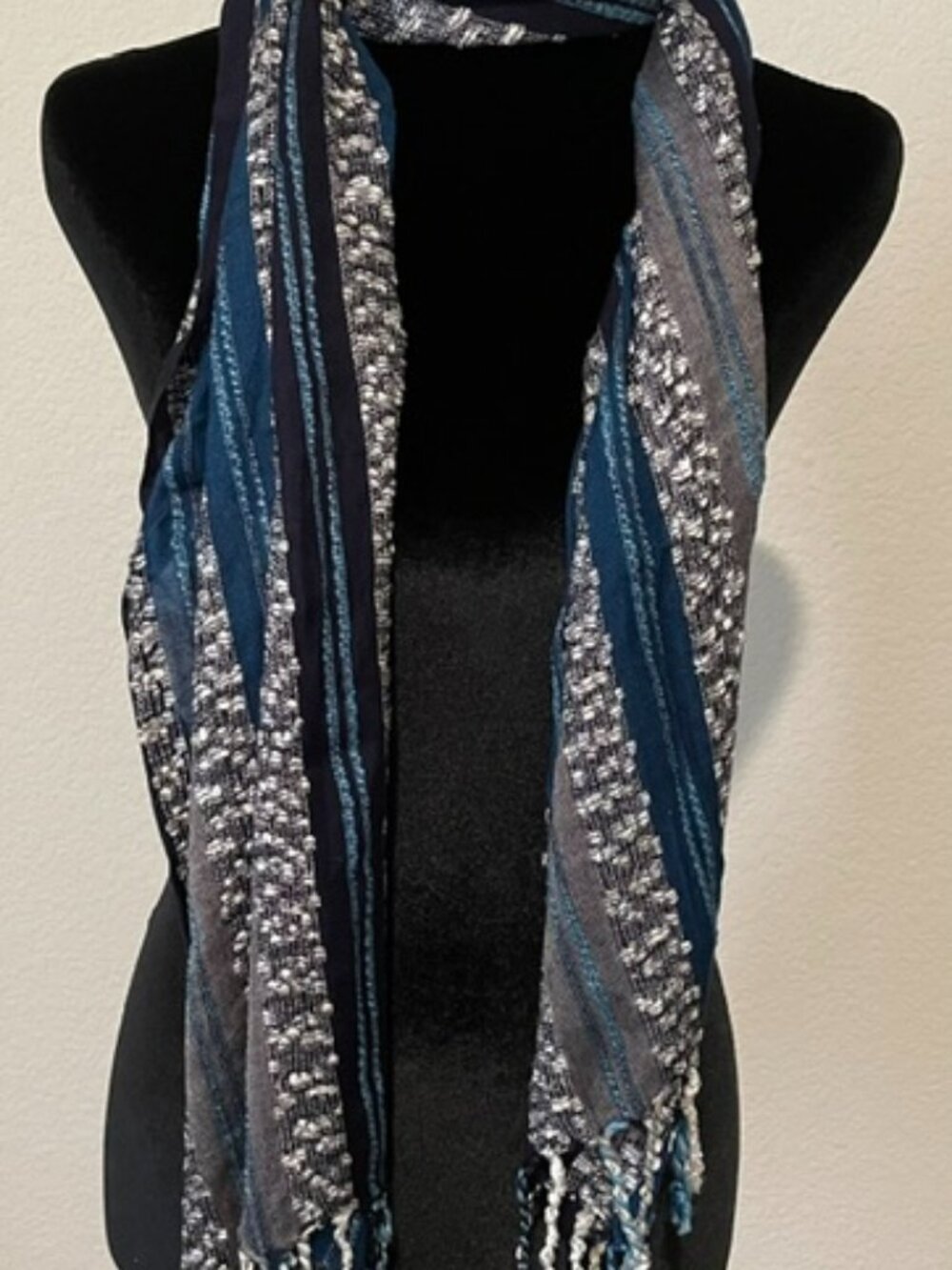 Women's Blue Silver Acrylic Scarf Wrap Shawl Striped Long Tassels.